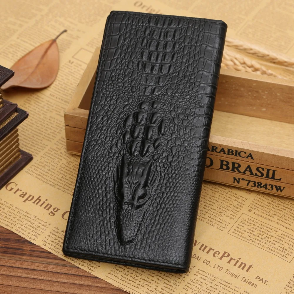 JINBAOLAI Genuine Cow Leather Long Men Wallet Europe Zipper Pocket Card Holde Male Purse Crocodile Coin Pocket Fold Men Wallet