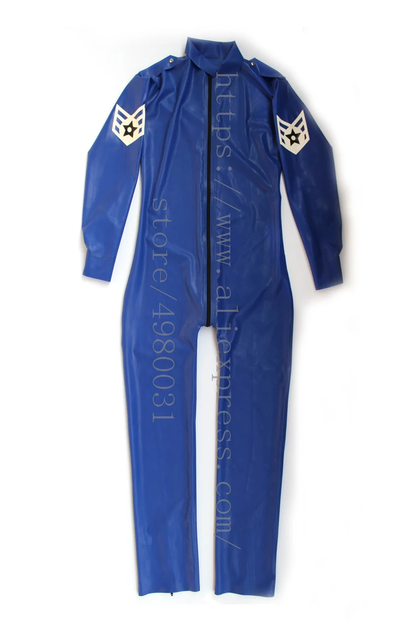 Male's uniform latex catsuit blue long sleeve latex zentai homme with shoulder board and armband with feet zipper