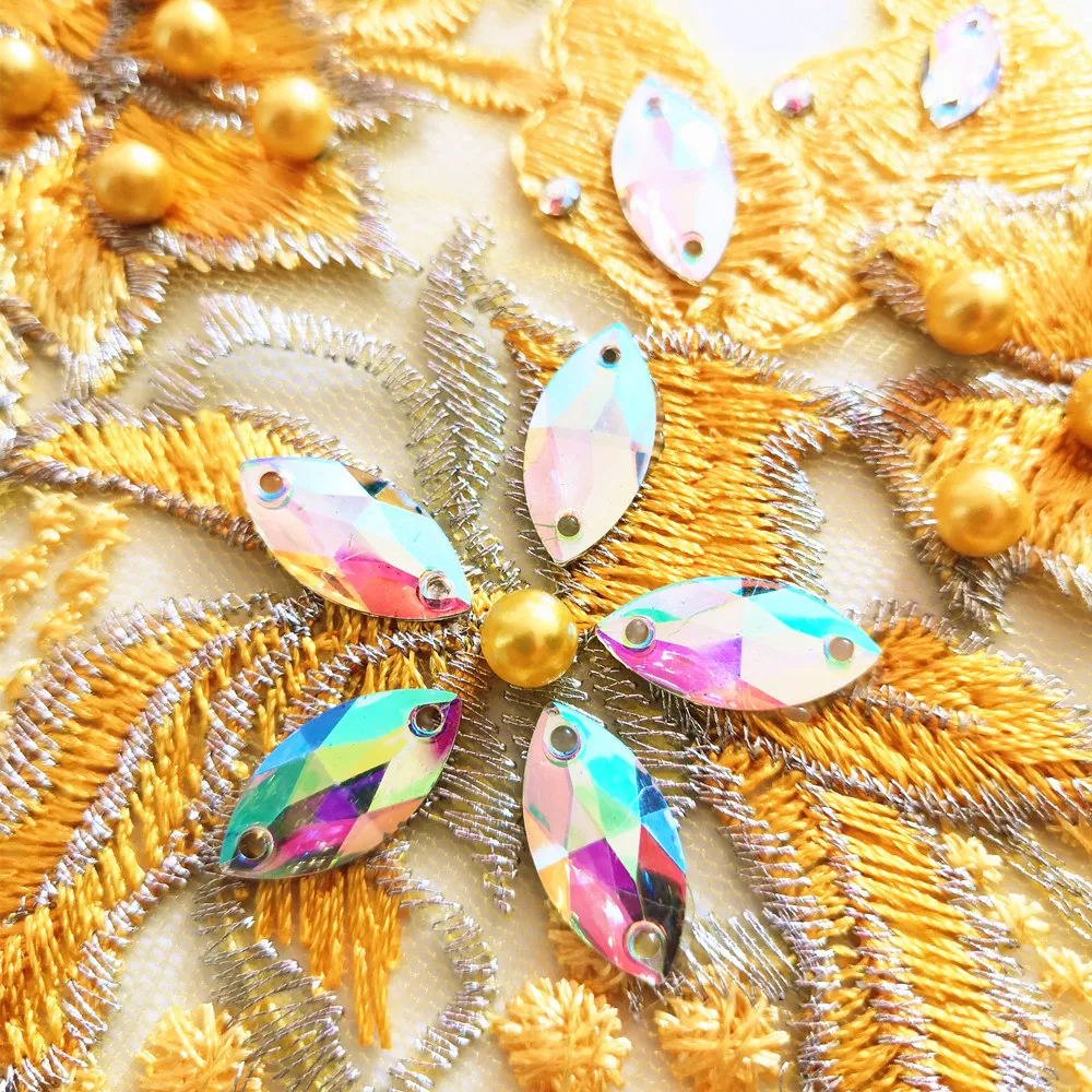 V Shape Yellow Beaded Sew on Rhinestone Crystal Sewing For Clothes Appliques Patches Crafts Clothing Wedding Dress Party Costume