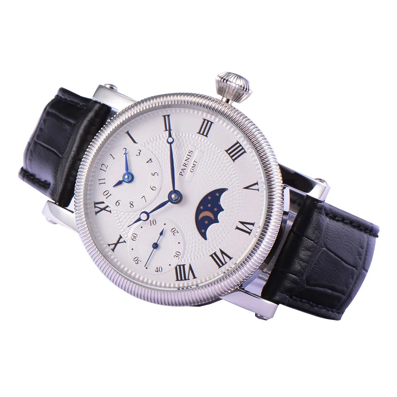 Reloj de pulsera mecánico Vintage para hombre, cronógrafo de pulsera con correa de cuero, diseño de día y noche, Luna, Parnis, 43mm