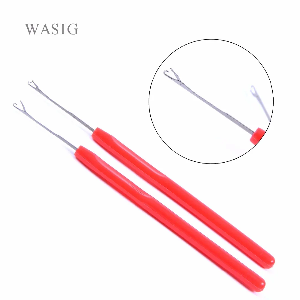 6pcs Red Color Plastic Handle Hook Needle Threader Loop Pulling Needle Hair Extension Tools for Micro Ring Hair Extension