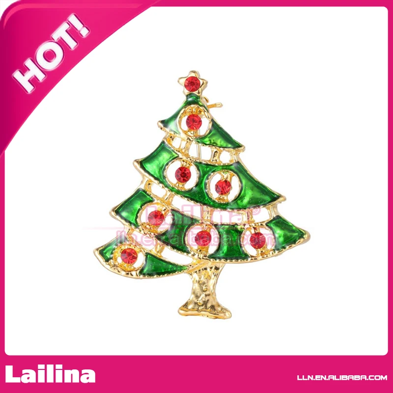 50pcs/lot Free Shipping Multi Color Rhinestones On Green Christmas Tree Brooch With Gold Tone