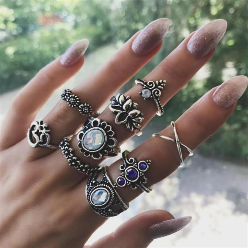Tocona Boho Crown Moon Heart Rhinestone Geometric Flower Knuckle Rings Set for Women Midi Finger Rings Stacking Finger Jewelrys