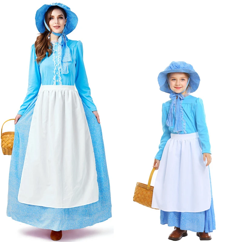 Mother Daughter Maid Cosplay Halloween Costume for Women Child Girl Parenting COS Fairy Tales Colonial Dress Blue