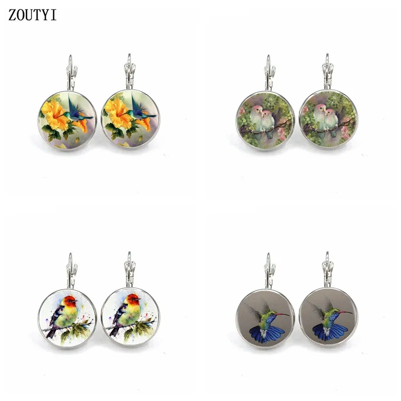 Новинка-Очаровательная-картина-маслом-цветочный-узор-Колибри-Выпуклое-стекло-женское-украшение
