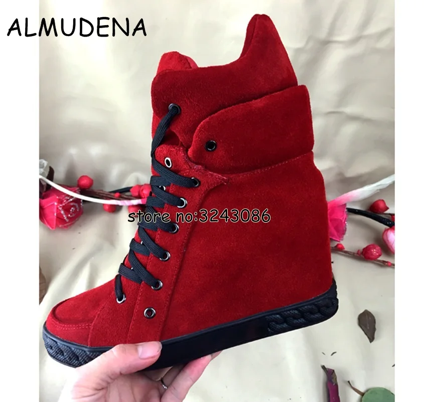 Leather Suede Women Lace Up Ankle Booties High Platform Wedge Motorcycle Boots Shoes Outdoor Height Increasing Casual Shoes