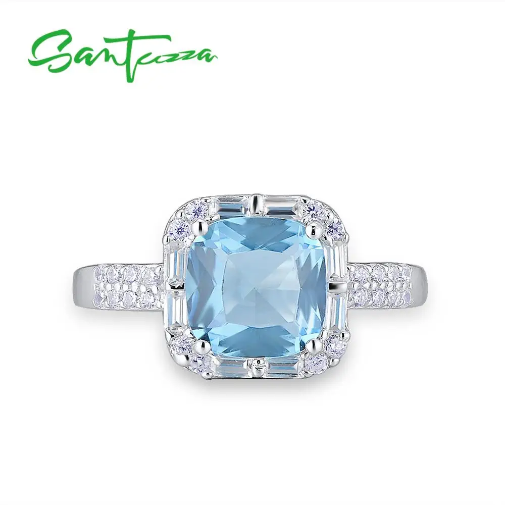 SANTUZZA Silver Rings For Women 925 Sterling Silver Newest Sparkling Luxury Rings Cushion Blue Crystal Fashion Jewelry