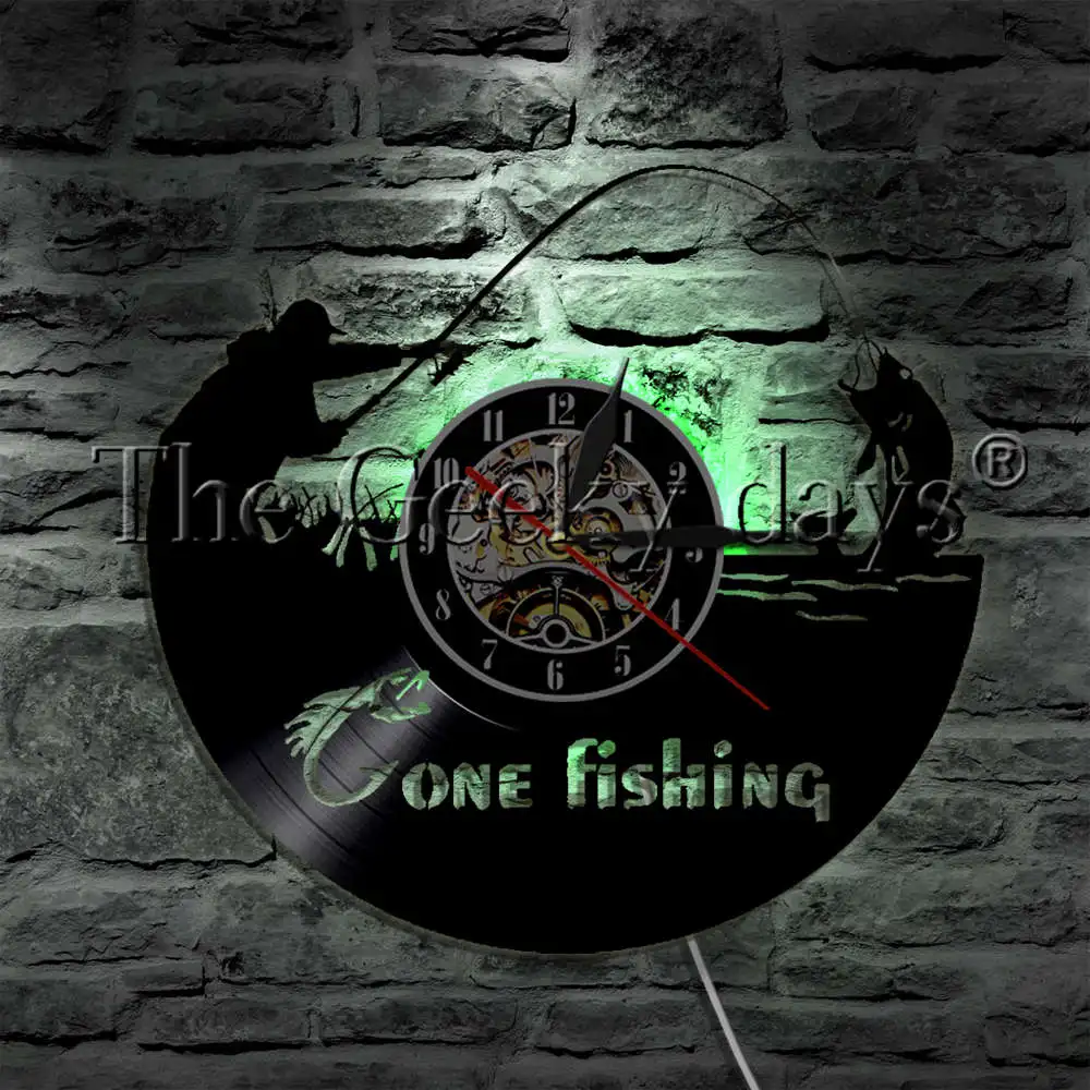 Gone Fishing LED Wall Lamp Fisherman Sign Fish Rod Fish Hook Vinyl Record Wall Clock Fishmen Decorative Lighting