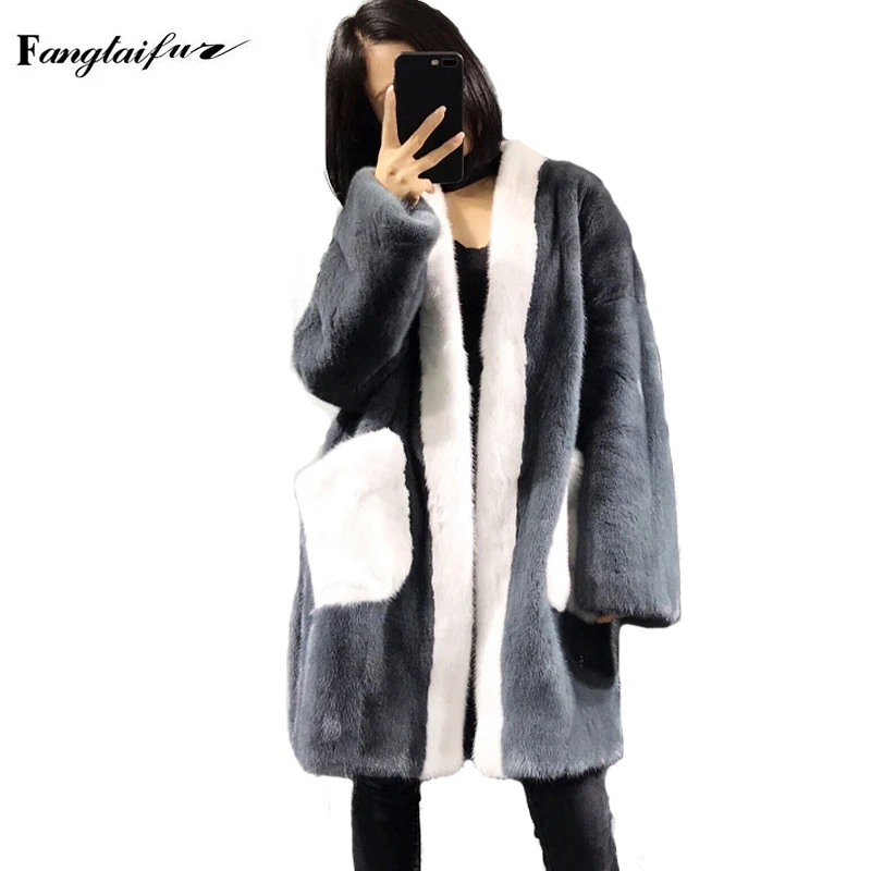 

Ftangaiur Winter Women Import Velvet Mink Fur Coat V-Neck Pockets Causal Mink Jacket Women's Long Slim Real Mink Fur Coats