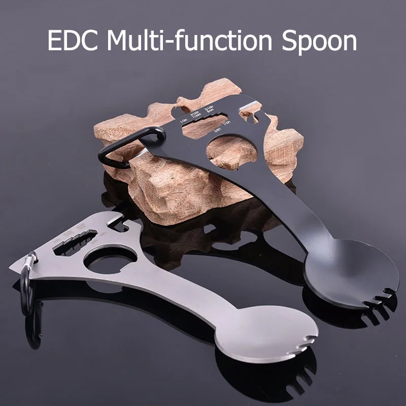 EDC Multifunctional Tableware Spoon Fork With Carabiner Camping Picnic Emergency Can Bottle Opener Wrench Travel Survival Tools