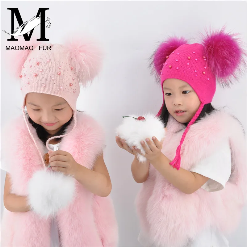 Kids Warm Winter Caps Double Fur Pom Pom Beanie Wool Knitted Hat For Baby Boys Girls Real Raccoon Fur Balls Beanie Cap Bonnet