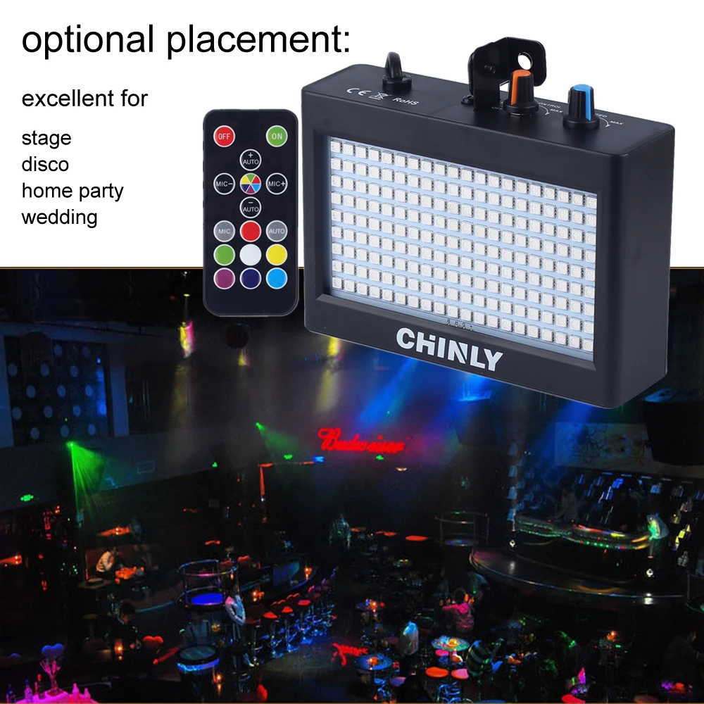 CHINLY-luz estroboscópica portátil con Control remoto de sonido, 35W RGB de dispositivo de iluminación, 180 LED, velocidad ajustable para escenario,