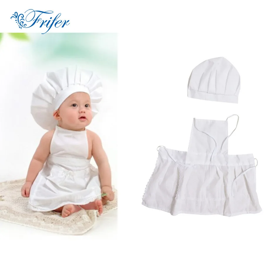 Cute Baby Chef Apron&Hat For Kids Costumes Cotton Blended Chef Baby White Cook Costume Photos Photography Prop Newborn Hat Apon