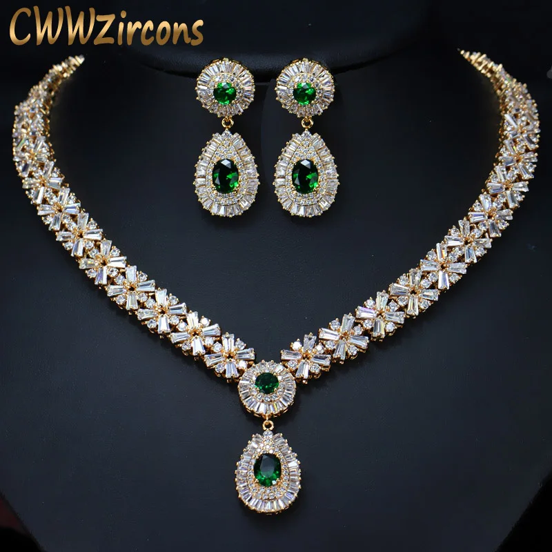 CWWZircons Top Quality Yellow Gold Color Green African Cubic Zirconia Beads Bridal Wedding Jewelry Sets for Wedding Brides T097