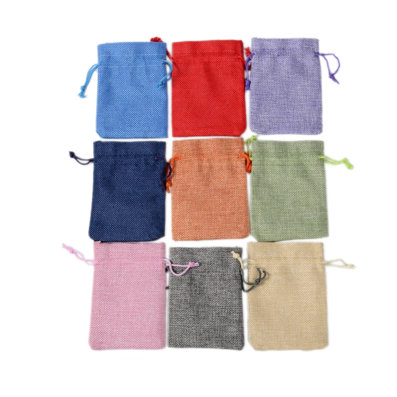 100PCS 7x9CM Colorful Jute Burlap Hessian Gift Drawstring Bags For Home Wedding Decoration Jewelry Packaging Pouches Supplies