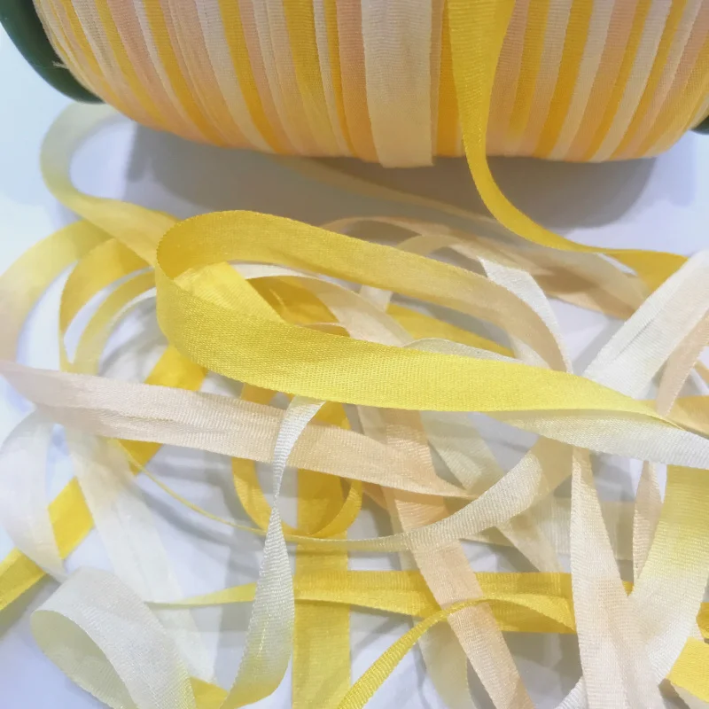 

7mm,100% real pure silk ribbons Yellow variegated double face taffeta silk for embroidery and handcraft project,gift packing