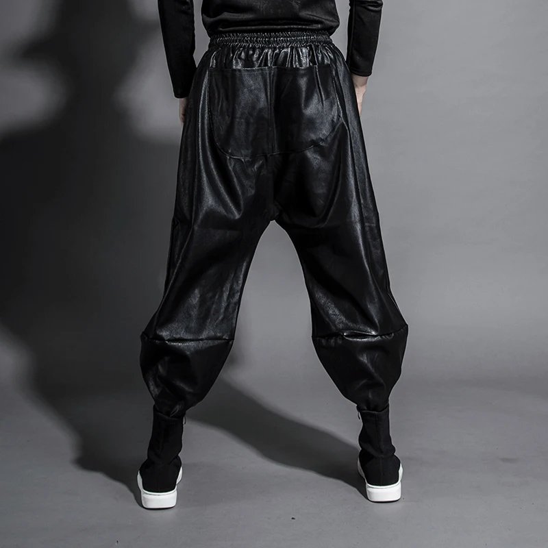 S-6XL!  Personality style of autumn and winter night club elastic waist baggy pair of baggy pants baggy  leather pants