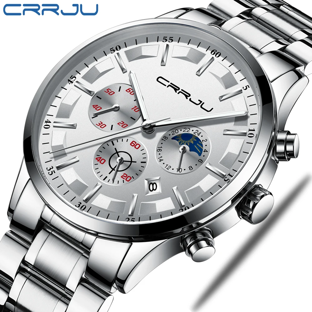 

CRRJU Fashion Business Quartz Watches Men Sports Analog Chronograph Full Steel Waterproof Watches Men Clock Relogio Masculino
