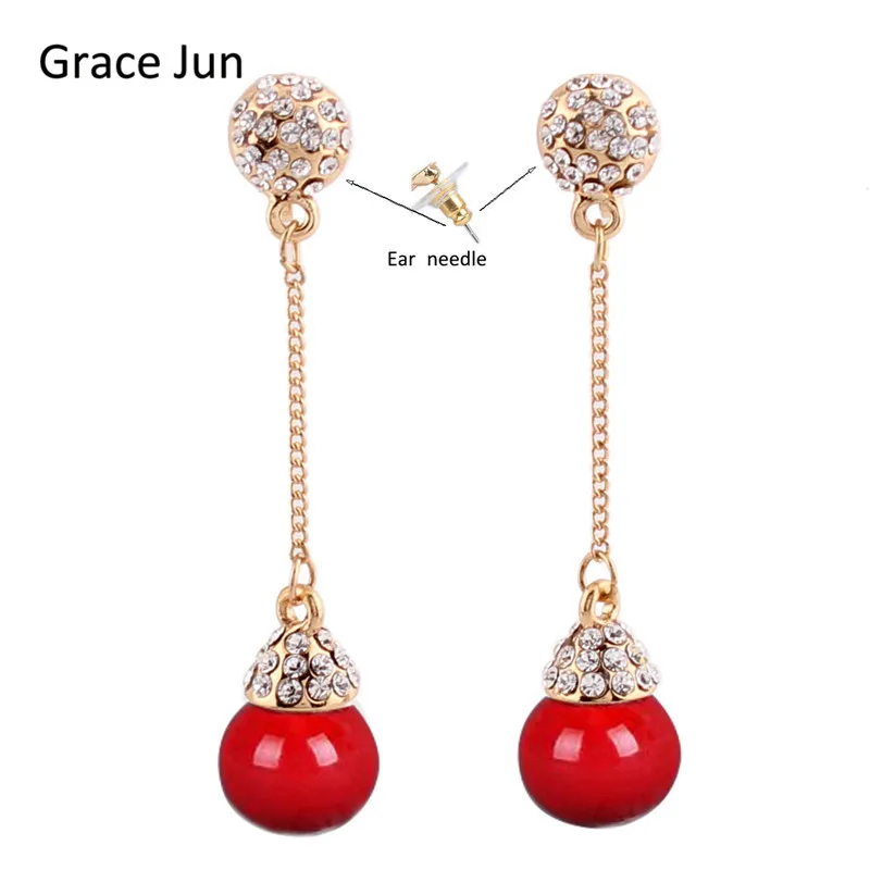Grace Jun 4 Colors Choose Luxury Bride Rhinestone Simulated Pearl Long Tassel Clip on Earrings Non Piercing  for Girls Good Gift
