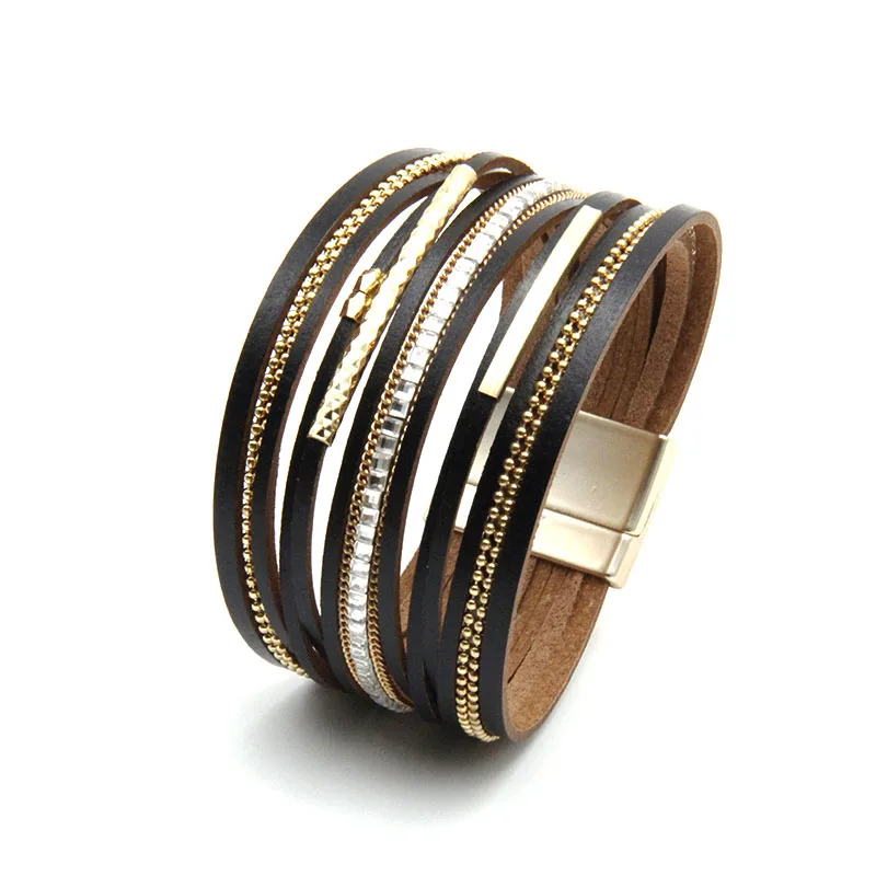 ZG Leather Bracelet for Women Jewelry X Cross Magnet Snake Skin Pattern Rhinestone Wrap Multilayer Bangles Female Jewelry