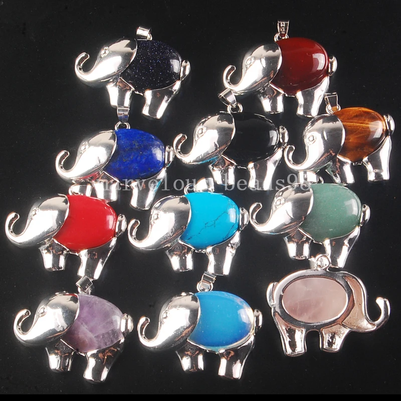 Fashion Jewelry Opalite Opal  Lapis Lazuli Carnelian Crystal  Tigers Eye Elephant Pendant Bead 11Pcs WB368-1A