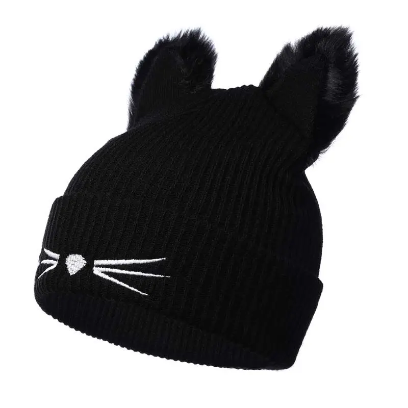 Winter Warm Hats for Women\'s Cat Ears Skullies Hat Black Hats Hot Drilling 2024 New Beanies Girls Rhinestone Outdoor Cap Head