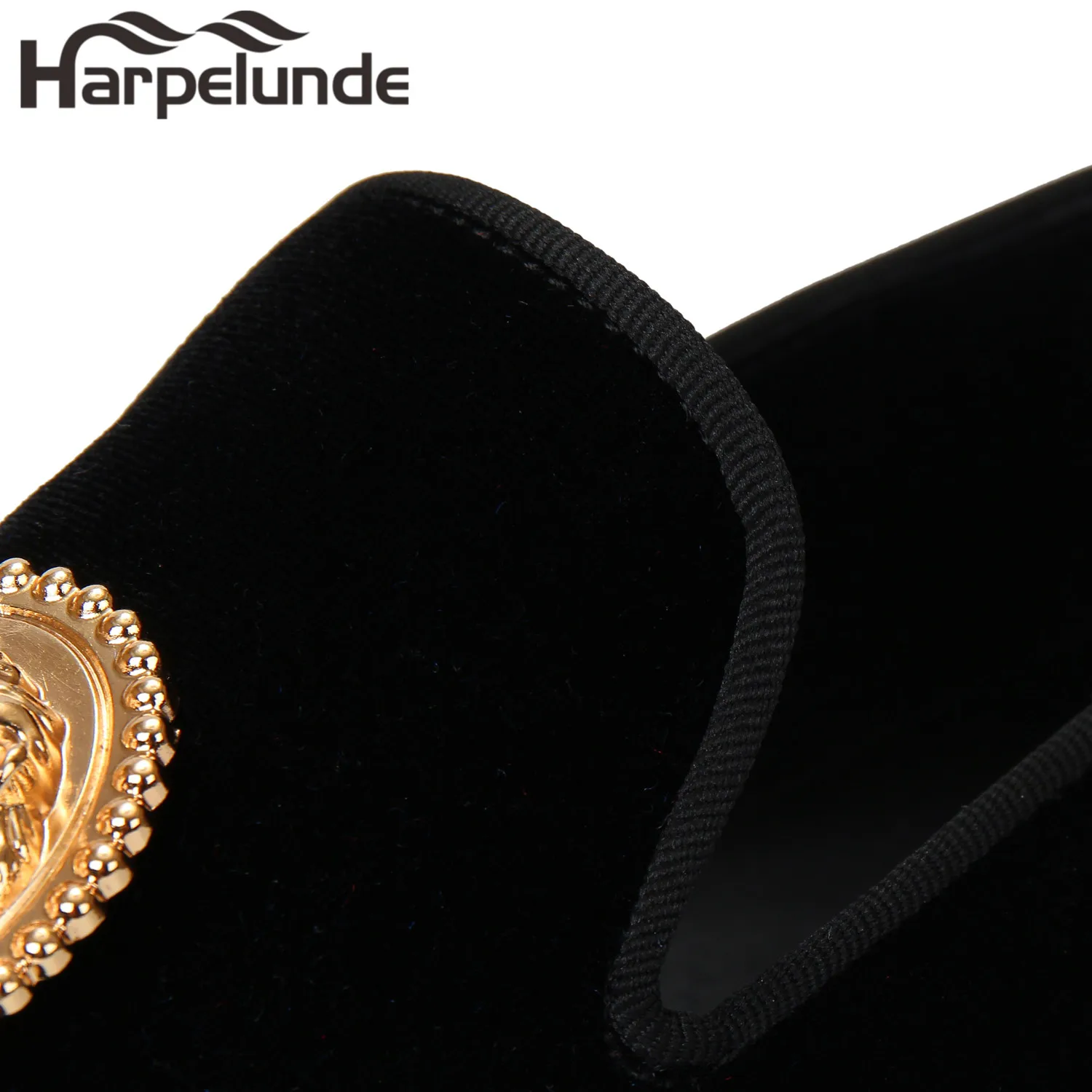 Harpelunde Men Event Tuxedo Shoes Lion Emblem Dress Wedding Black Velvet Loafer Slippers