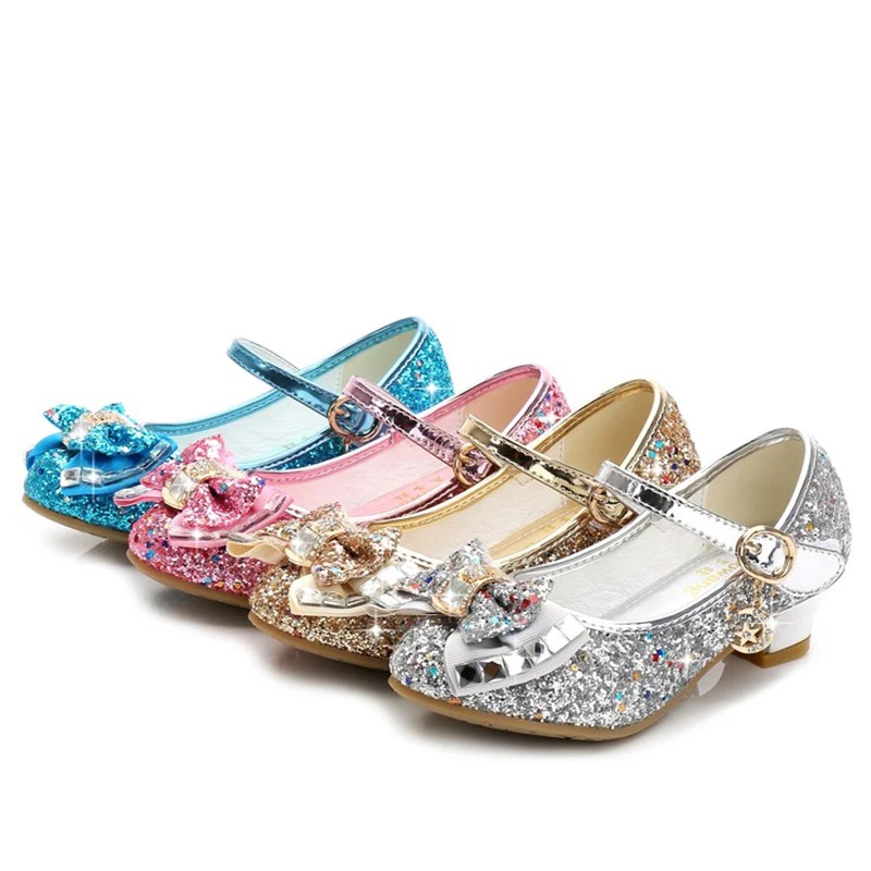 

2024 Spring Fashion Sequin Children Girls High Heel Shoes Bow-knot Party Dance Shoes Princess Leather Shoes Kids Sandals CSH807