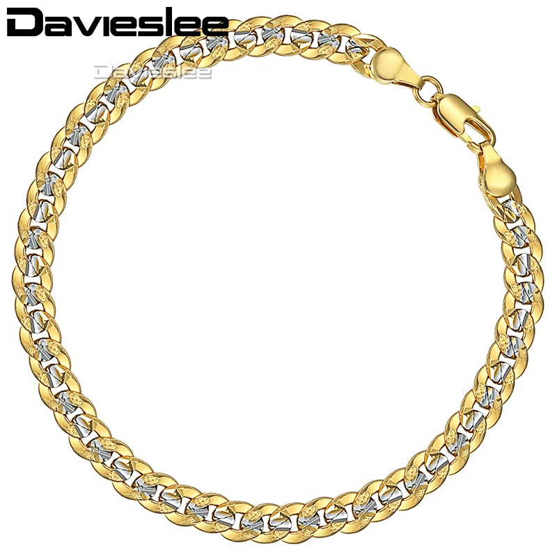 Davieslee Men\'s Bracelets Hammered Cut Curb Cuban Link Chain Yellow Gold Color Bracelet For Men Jewelry Dropshipping 6mm DGB292