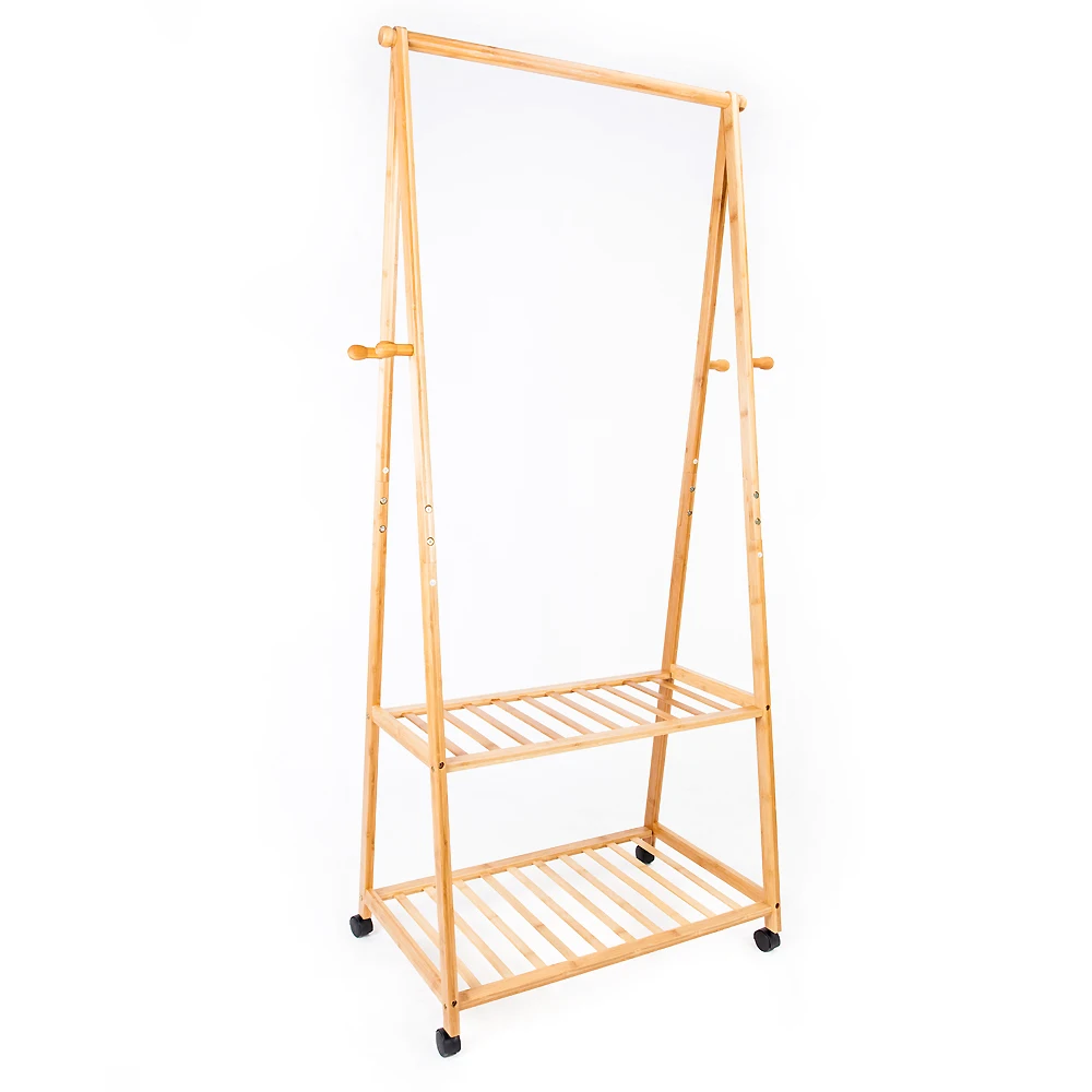 Clothes Rack on Wheels Rolling Garment Rack 2-Tier Clothing Shelves Storage with Coat Hooks Shoe Shelf Wood Color - US Stock