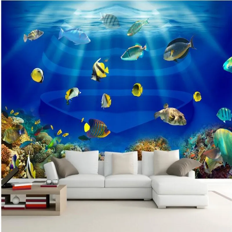 wellyu Custom Large Frescoes Ocean World Heart Fish Tropical Fish 3D Stereo TV Wallpaper papel de parede para quarto