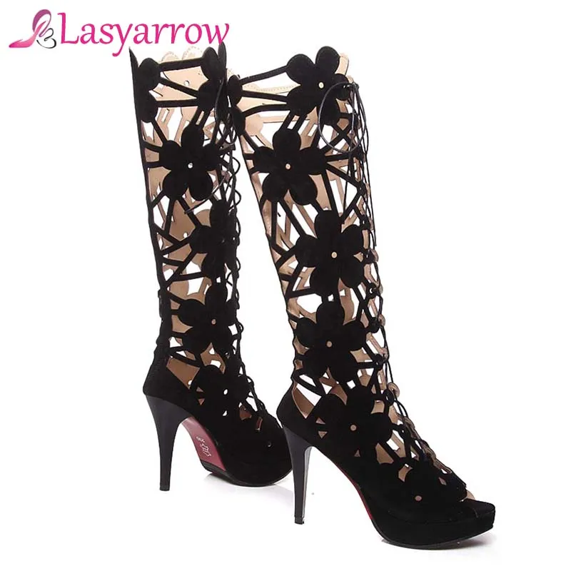 Lasyarrow Women High Heels Sexy Ladies Cut Out Roman Sandals Gladiator Bootie Stilettos Open Toe Shoes Woman Black Large Size 48