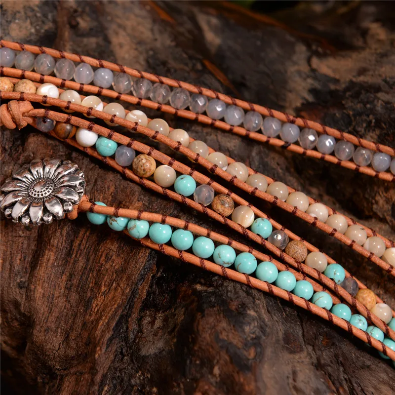 Новые ювелирные изделия, 5-ниточные бусины из натурального камня, кожаный браслет ручной работы, браслет ручной работы, Прямая доставка, подарок
