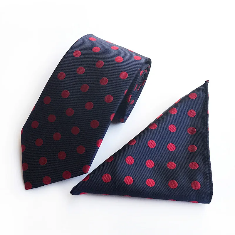 Luxury Classics Navy Red Polka Dots Silk Mens Necktie Set Fashion Ties for Male Dress Hanky set