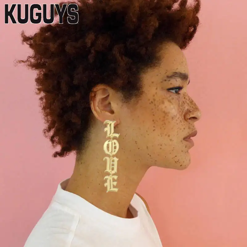 KUGUYS Love Gold Color Mirror Acrylic Long Earrings for Women Girl\'s Gift Letter Fashion Jewelry Trendy HipHop Accessories