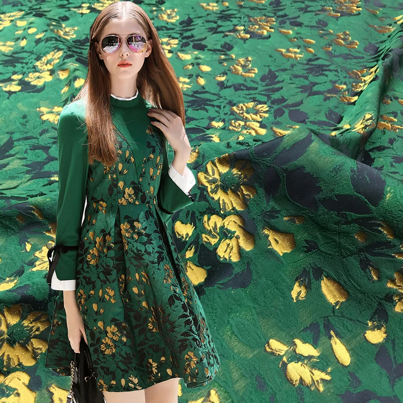 

HLQON High quality printed yarn dyed jacquard brocade polyester green fabric used for tissue women dress clothing patchwork