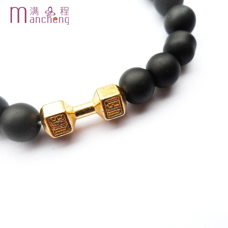 New design Black Onyx Matte Onyx Dumbbell Live Lift Bracelet,Good quality Fitness Barbell Charm Beaded Live Lift Yoja Bracelet