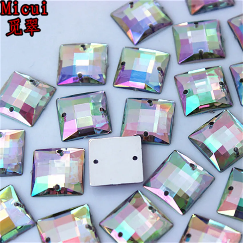 Micui 100PCS 12mm Square Crysta Rhinestone Sew On Acrylic Flat Back Crystals and Stones For Clothing Dress Decorations MC779