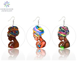 SOMESOOR Printed Hedawrap Woman Afro Wooden Ethnic Earrings Vintage Black Queen Hair Painting 6cm Flat Round Wood Jewelry Gifts
