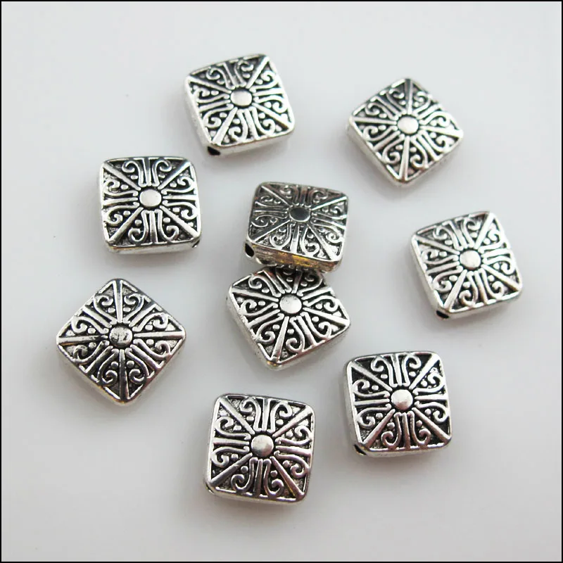 18Pcs Tibetan Silver Color Flower Square Spacer Beads Charms 10mm