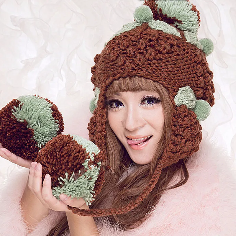 BomHCS Cute Fashion Women\'s Thick Handmade Knit Beanie Ear Muff Warm Hat Gift Cap