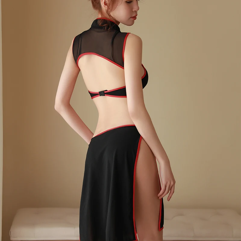 yhotmeng new sexy perspective backless Chinese style slim hips cheongsam split sleepwear nightdress set