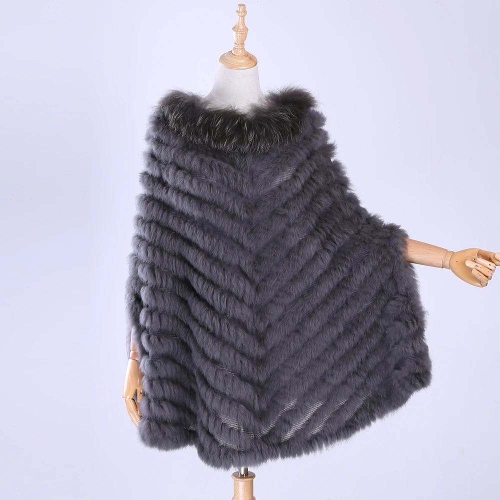 New Women\'s Luxury Pullover Knitted Genuine Rabbit Fur Raccoon Fur Poncho Cape Real Fur Knitting Wraps Shawl Triangle Coat