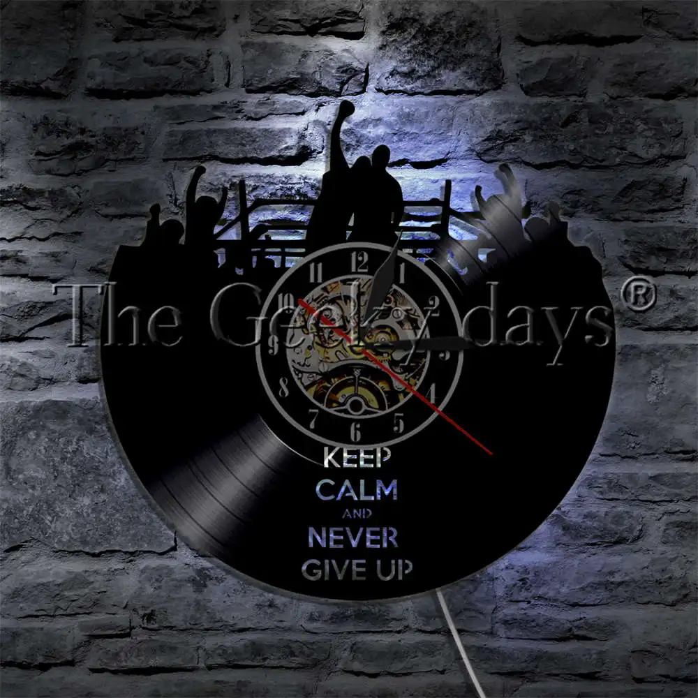 

Keep Calm And Never Give Up Silhouette LED Light Vinyl Record Wall Clock Boxing Ring Knockout Wall Light Color Change