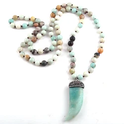 Fashion Bohemian Tribal Jewelry Amazonite Stones Long Knotted Stone Pendant Necklaces Women Ethnic Necklace