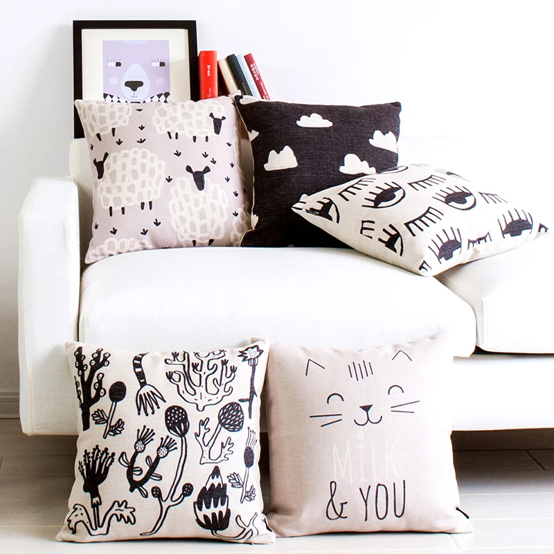 Black White Floral Sheep Cat Cartoon Geometric Pillow Cushion Home Decorative Pillows Linen Pillowcase Sofa Cushion