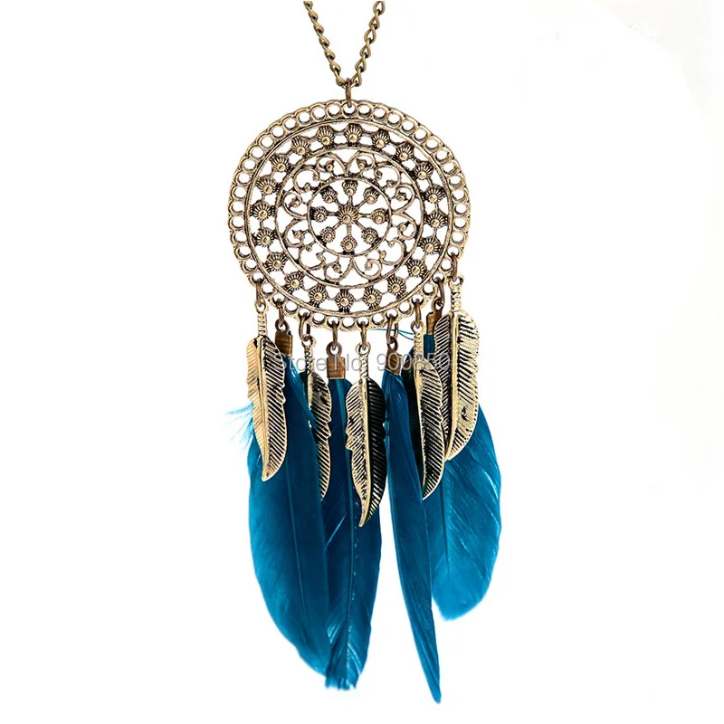 Boho Retro Black Green Feather Pendant Necklace Alloy Chain Coin Ethnic Indian Style Long Sweater Dream Catcher Necklace