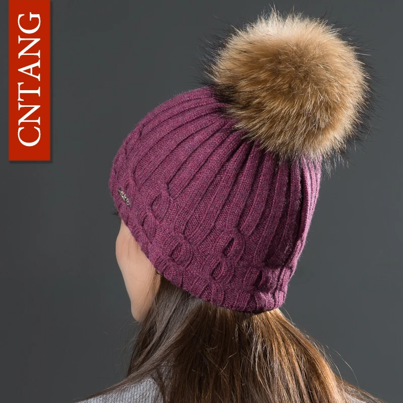 CNTANG Double Layer Women Wool Caps With Natural Raccoon Fur Pompoms Hats Winter Warm Knitted Twist Beanies Fashion Female Hat