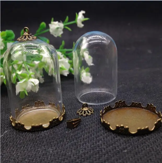 20sets/lot bell jar shape 38*25mm glass globe 25mm bronze crown base tray 8mm cap set glass bottle necklace pendant glass vials