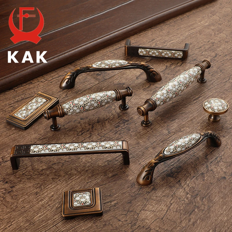 KAK Antique Bronze Ceramic Cabinet Handles Vintage Drawer Knobs Wardrobe Door Handles European Furniture Handle Hardware